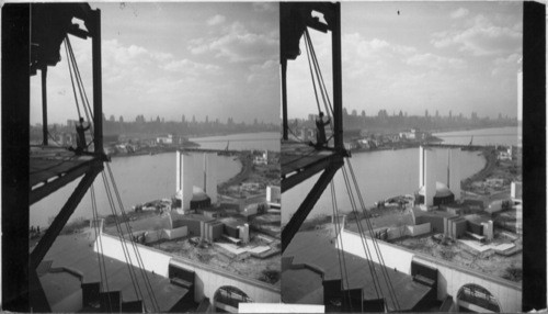 From the 218 ft. level of the Sky Ride Northwest to the city showing the States Building in the Foreground and looking across the lagoon to the Administration Bldg. Beyond the Field Museum and Shedd Aquarium