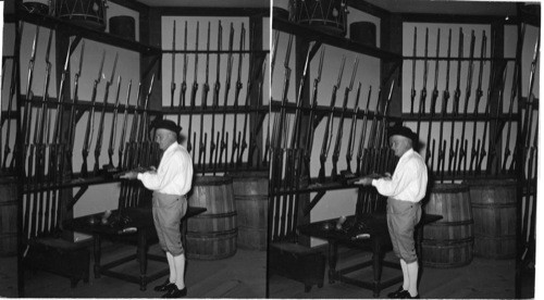 Powder Magazine interior, 2nd floor Gurardsman [sic] checking colonial pistol