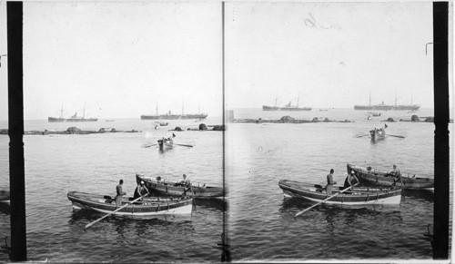 Coming thru the treacherous reefs - landing from ocean steamers - Jaffa. Palestine