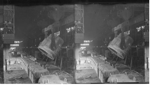 Molds and pouring bucket in steel mill. Interior of open hearth mill showing rear of furnaces. Homestead, Penna