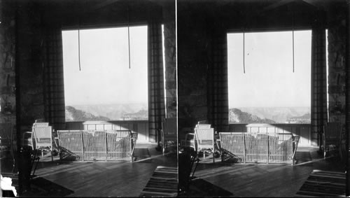 The large plate glass windows of the lounge open directly on the Canyon, Grand Canyon Lodge. Arizona