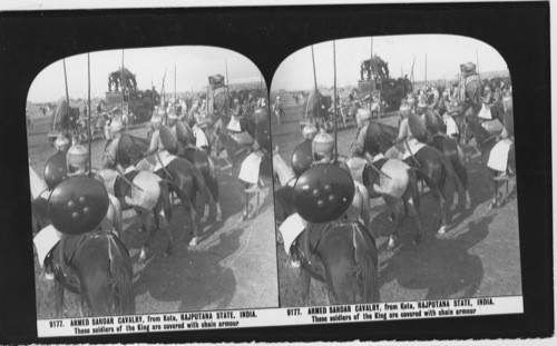 Inscribed in recto: 9177. ARMED SARDAR CAVALRY, from Kota, RAJPUTANA STATE, INDIA. These soldiers of the King are covered with chain armour