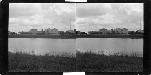 Looking across lagoon to Post Hospital, Ft. Brown, Brownsville, Texas