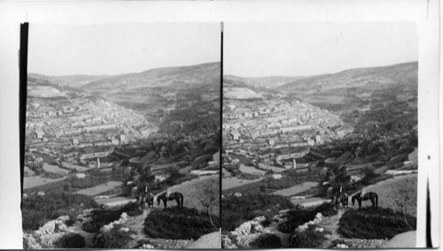 From Jerusalem’s south wall southeast over valley scene of Adonijahs conspiracy. Palestine