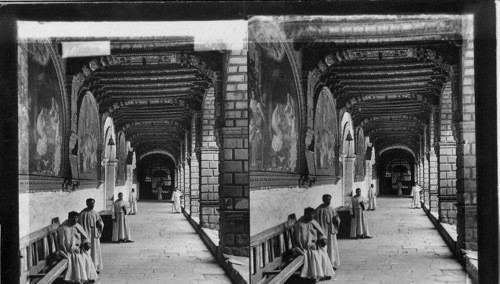 Stately arcade in La Merced Monastery - Old Spanish pictures and carved ceiling - Cuzco. Peru