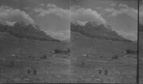 Entrance to Zion Canyon. West Side to right Sentinel Big Dome, At Left of Sentinel part of Temple of Virgin Looking No. Zion National Park, Utah