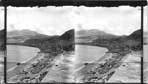 General view of St. Pierre Harbor and Mont Pelee after the eruption of May 8th 1902, Martinique, Lesser Antilles