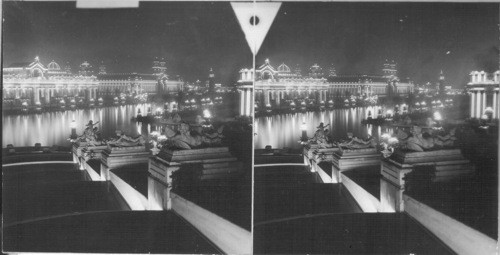 Palace of Electricity at night looking from Lower West Cascade. La. Pur. Expo. St. Louis World's Fair. Missouri