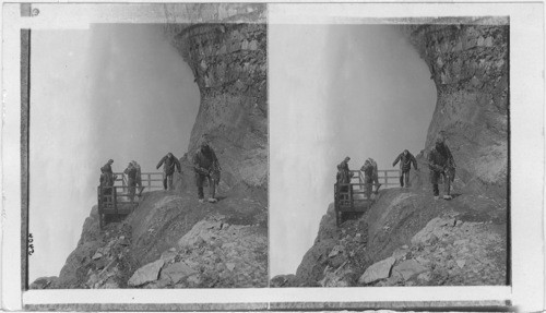 Looking into the Cave of the Minds beneath Luna Falls. Niagara, N.Y