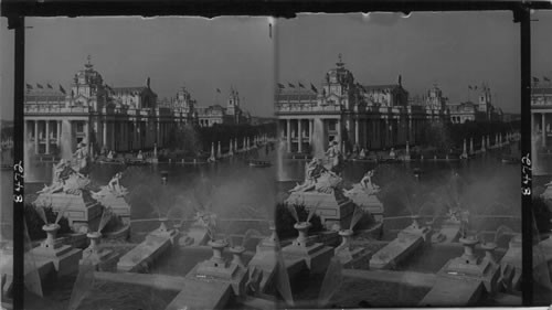 Electricity and Varied Industries Building, North west from Festival Hall over Central Cascades and Fountains, Louisiana Purchase Exposition