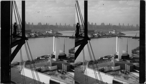 From the 218 ft. level of the Sky Ride Northwest to the City showing the States Building in the foreground and looking across the lagoon to the Administration Bldg. Beyond the Field Museum and Shedd Aquarium