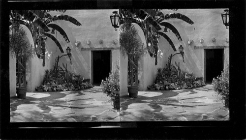 #8 - Pres. Palace, San Antonio, TX. We are now in the small patio beyond the leaves of the banana tree. You can see the dinner bell. The open door goes into the kitchen. The arch to the left goes our in the large patio and stables. To you right is the music room (view #9) and to your back is the door to the Queen's bedroom. E.L. Bowers