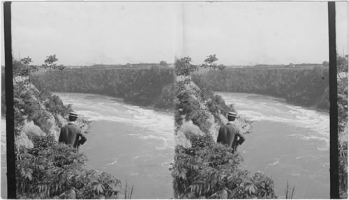 Looking over the whirlpool and down the gorge of the Niagara River. Niagara, N. York