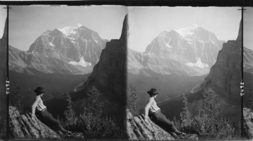 Charming Paradise Valley and Colossal Mt. Temple (11,637 ft.) from the Saddleback, Alberta. Canada