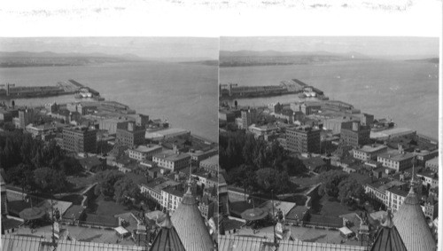 Looking down from the Chateau Frontenac to lower town. Quebec and St. Lawrence River - Canada. (wide sep. neg.)