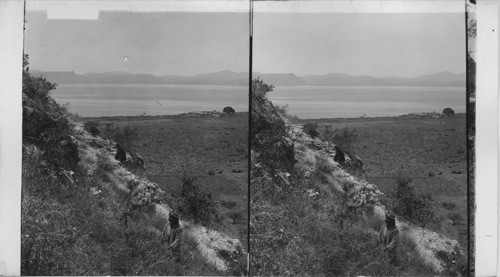 West over Sea of Galilee from above Kersa (Gergesa) to Harms of Hattin, Palestine