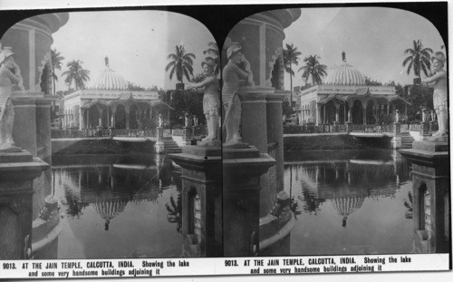 Inscribed in recto: 9013. AT THE JAIN TEMPLE, CALCUTTA, INDIA. Showing the lake and some very handsome buildings adjoining it