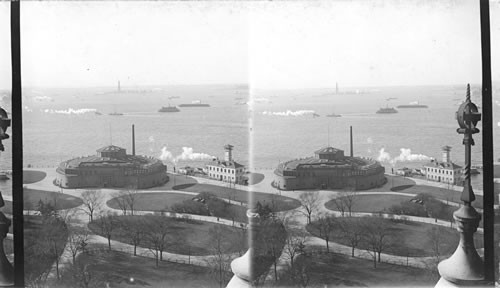 Castle Gardens, Aquarium and Liberty Statue in Harbor. S.W. N.Y. City