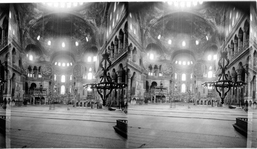 The interior St. Sophia (Mosque) the most ancient and first catherdral ever built of such enormous dimensions, Constantinople, Turkey