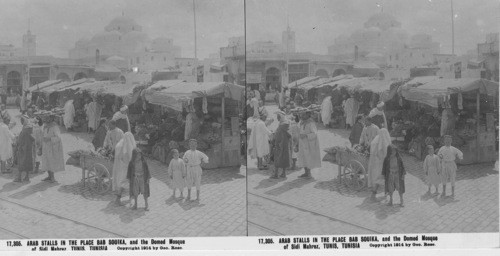 Inscribed in recto: 17,305. ARAB STALLS IN THE PLACE BAB SOUIKA, and the Domed Mosque of Sidi Mahrez, TUNIS, TUNISIA. Copyright 1914 by Geo. Rose