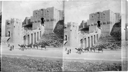 Entrance to Fortress of Aleppo, Asia. The massive Double Gate of the Picturesque Citadel of Aleppo, Syria