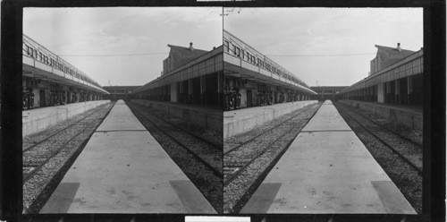 This is the Manchester Terminal Corporation (Houston, Tex.), one of the largest cotton warehouses in the world. You are looking down what is known as an apron and to your left you will note the electric trolleys carrying 3 bales to the hangar and there are 10 such aprons in this warehouse with this electrical equipment. This terminal can handle from 18 to 20,000 bales of cotton each day