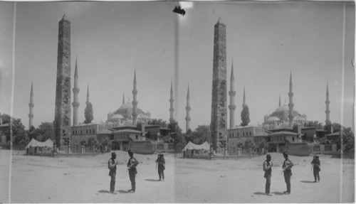 Stanboul’s Great, over Golden Horn to Pera Obelisk in the Hippodrome. Turkey. Mosque of Ahmed I only one of Constantinoples Temples with six minarets. Obelisk is monument of Constantine site of Old Roman Hippodrome