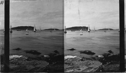 View of Islands and Harbor from Cliff walk. Bar Harbor, Maine