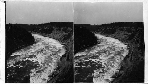 Looking down on the deep gorge of Niagara - seething river from Cantilever Bridge. Niagara. N.Y