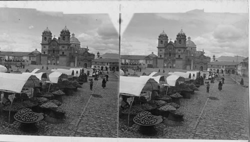 Fruit Market In Square Before Old Spanish Cathedral, Cuzco. Peru