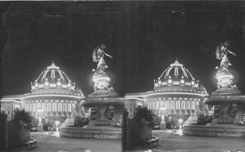 Monumental Fountain (spirit of the Pacific) and Festival Hall at night, Louisiana Purchase Exposition