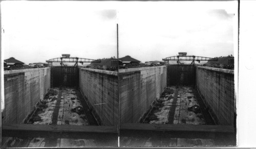 East chamber, lower locks from construction trestle toward Panama, Miraflores