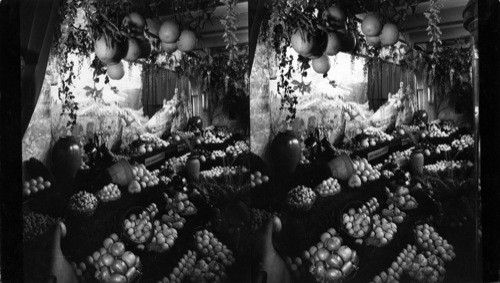 California Exhibit, Century of Progress, 1933. [Aerial photograph of Los Angeles County and samples of many kinds of fruit.]