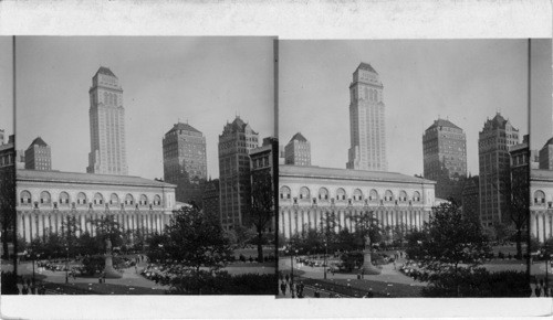 Bryant Park Looking S.E. from Corner of 6th Ave. and 42nd St. This is rear of Public Library. 40th St. is at other side of Park. 42nd St. lower left foreground. NOTE: (Mr. Brigandi) I suggest that this negative should be destroyed because is not sharp. It was made with a graflex camera as a test and not intended to be used