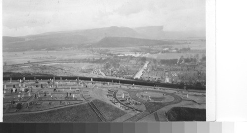 Outlook northeast from castle, scene of heroic struggles, to the Wallace Monument, Stirling, Scotland