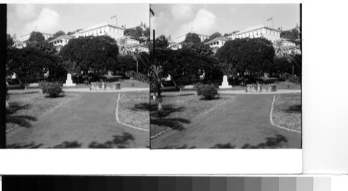 American Virgin Islands, Island of St. Thomas: Charlotte Amalie looking across Franklin Delano Roosevelt Park toward Government Hill. Sawders 1949