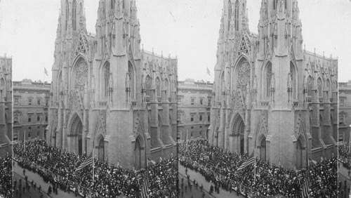 Looking forward the grandstand in front of St. Patrick's Cathedral - during Centenary Parade, N.Y.C