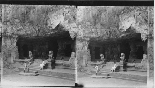 The Lion Entrance to the wonderful Rock-Carved Caves of Elephanta, near Bombay. India