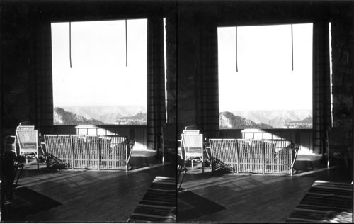 Arizona. Grand Canyon. The large plate glass windows of the lounge open directly on the Canyon