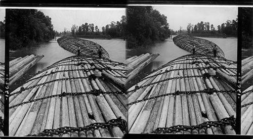 Great log rafts containing millions of feet to be towed to San Francisco. Columbia River, Washington