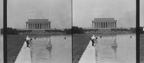 Reflecting Pool and Lincoln Memorial. Boy with Sail Boat. Wash. D.C