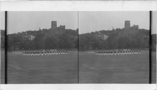 Dress Parade of Cadets at West Point Chapel and Observatory in Background. West Point, New York