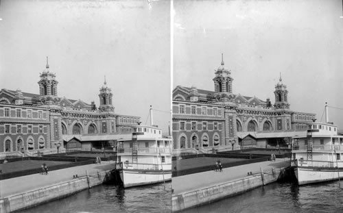 Immigration Station and Boat Which Carries Immigrants from Steamship to Ellis Island. New York Harbor