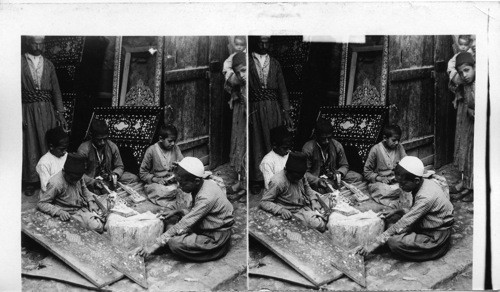 Crude makers of beautiful goods -= making famous inlaid pearl work - Damascus, Syria