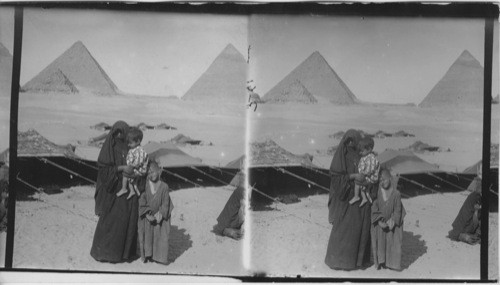 Bedouin Woman and Children, and Their Hom, Pyramids in Background, Gizeh, Egypt