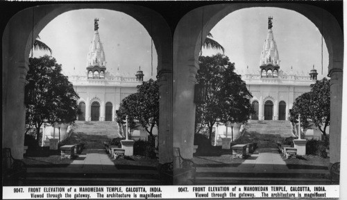 Inscribed in recto: 9047. FRONT ELEVATION of a MAHOMEDAN TEMPLE, CALCUTTA, INDIA. Viewed through the gateway. The architecture is magnificent