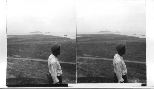 At the Pacific end of the Canal showing Noas Island, which is being fortified. Panama Canal. C. America