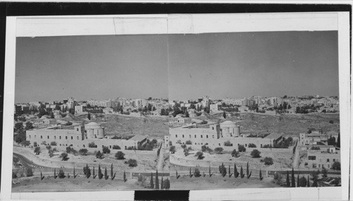 (5) Modern Jerusalem From Tower of Y.M.C.A. looking N. W. across Convent (Long Building with round dome) Mamillah Cemetery to new section of city-round Ben Yehuda (?) Street. American Consulate is to right of Convent by clump of cypress trees