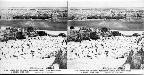 Inscribed in recto: 17,030. LOOKING OVER THE QUAINT MOHAMMEDAN CEMETERY to the White Minarets of ASSIOUT, UPPER EGYPT. Copyright 1914 by Geo. Rose