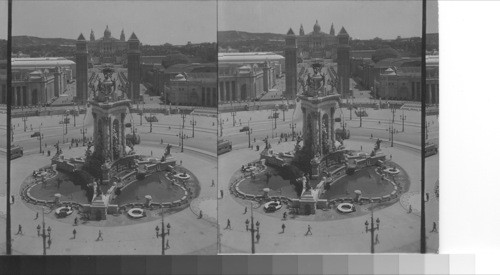 Fountain of the Three Seas and Palacio de la Nacion. Plaza de Espana, Barcelona, Spain